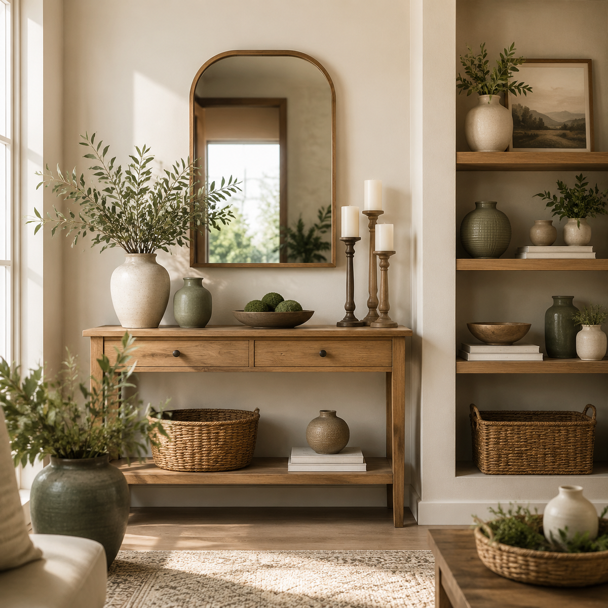 Home decor with a wooden console, mirror, vases, and decorative accents