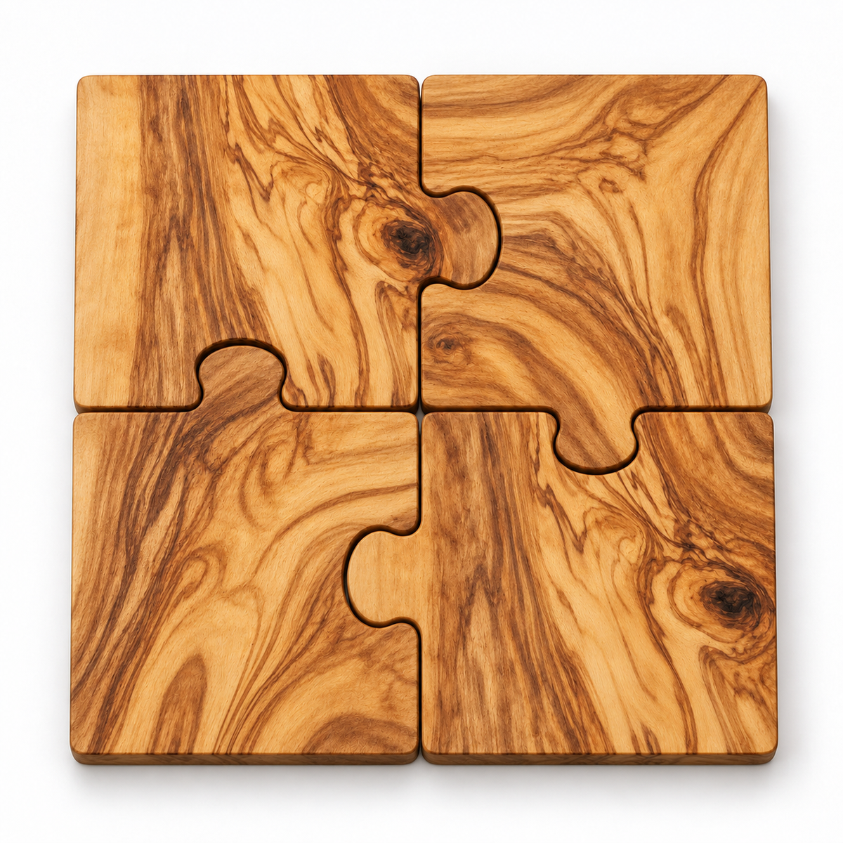 Four identical olive wood puzzle coasters assembled into a square
