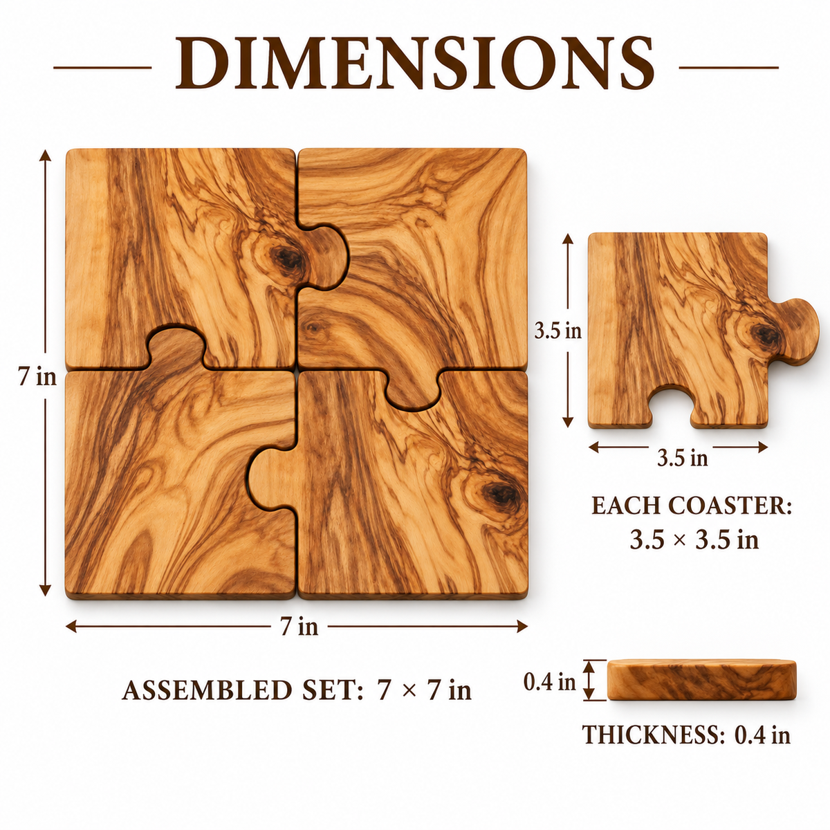 Olive wood puzzle coaster set dimensions: 7 by 7 inches assembled