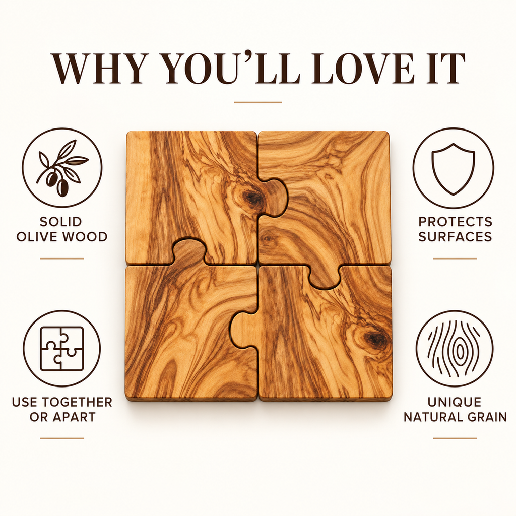 Four-piece olive wood puzzle coaster set benefits and features
