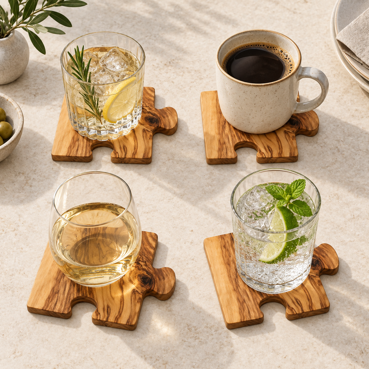 Four olive wood puzzle coasters used separately with drinks