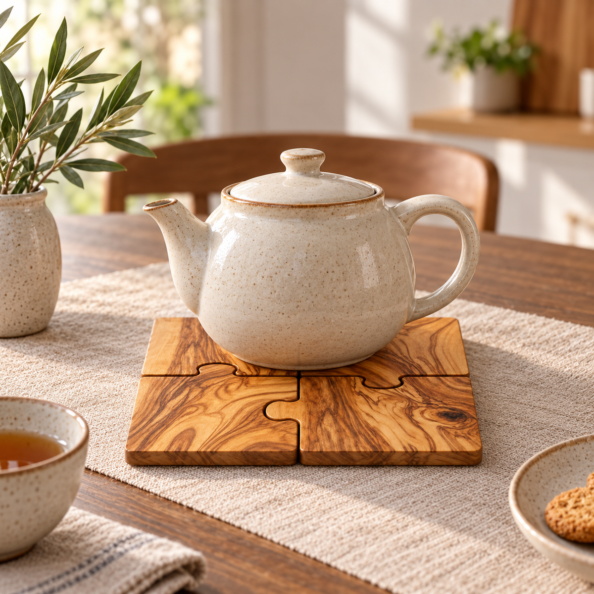Assembled olive wood puzzle coaster set used beneath a teapot