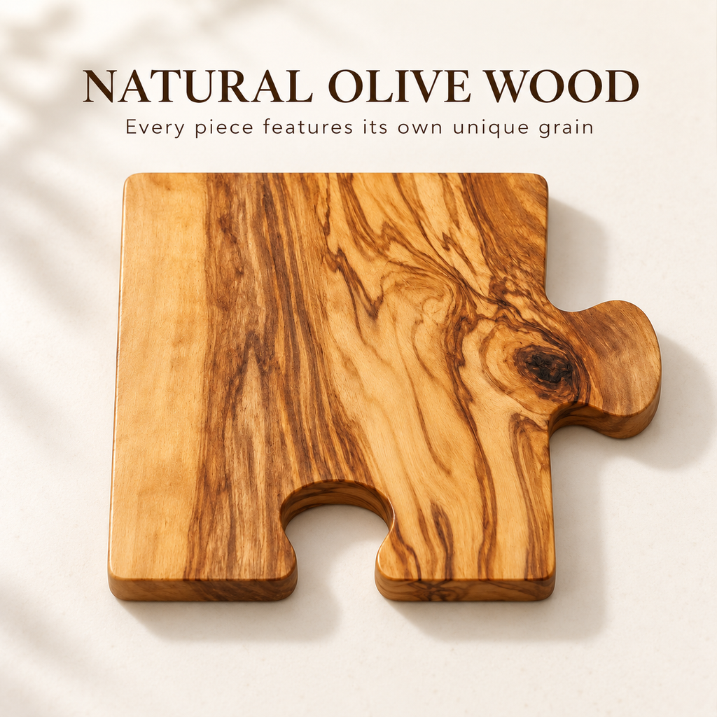 Natural olive wood puzzle coaster with unique grain pattern
