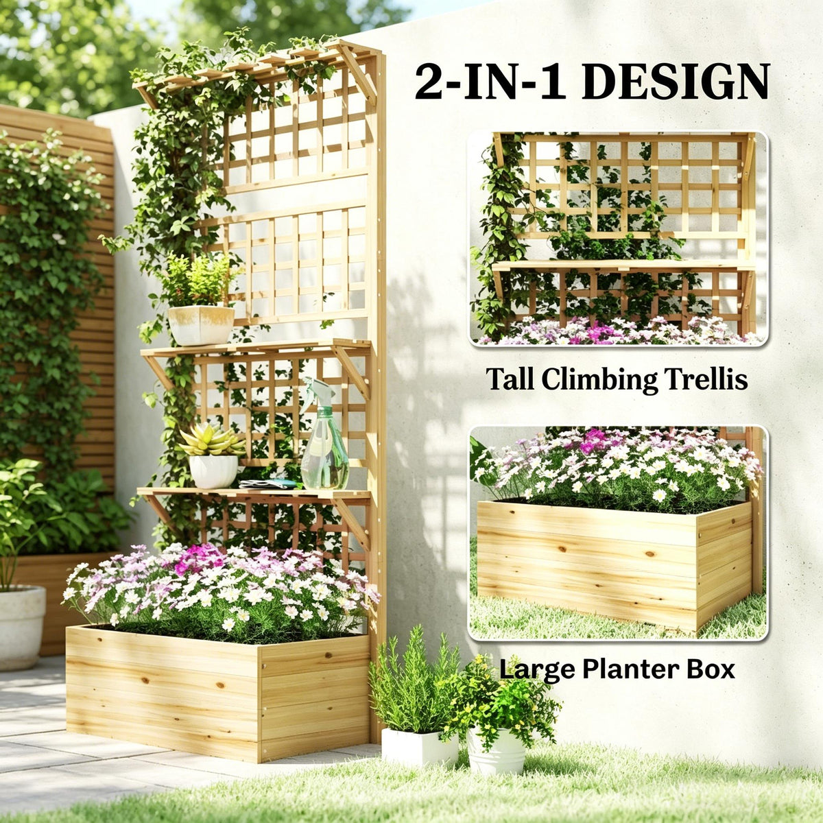 70-Inch Fir Wood Trellis Planter with Shelves – alternate product view 3