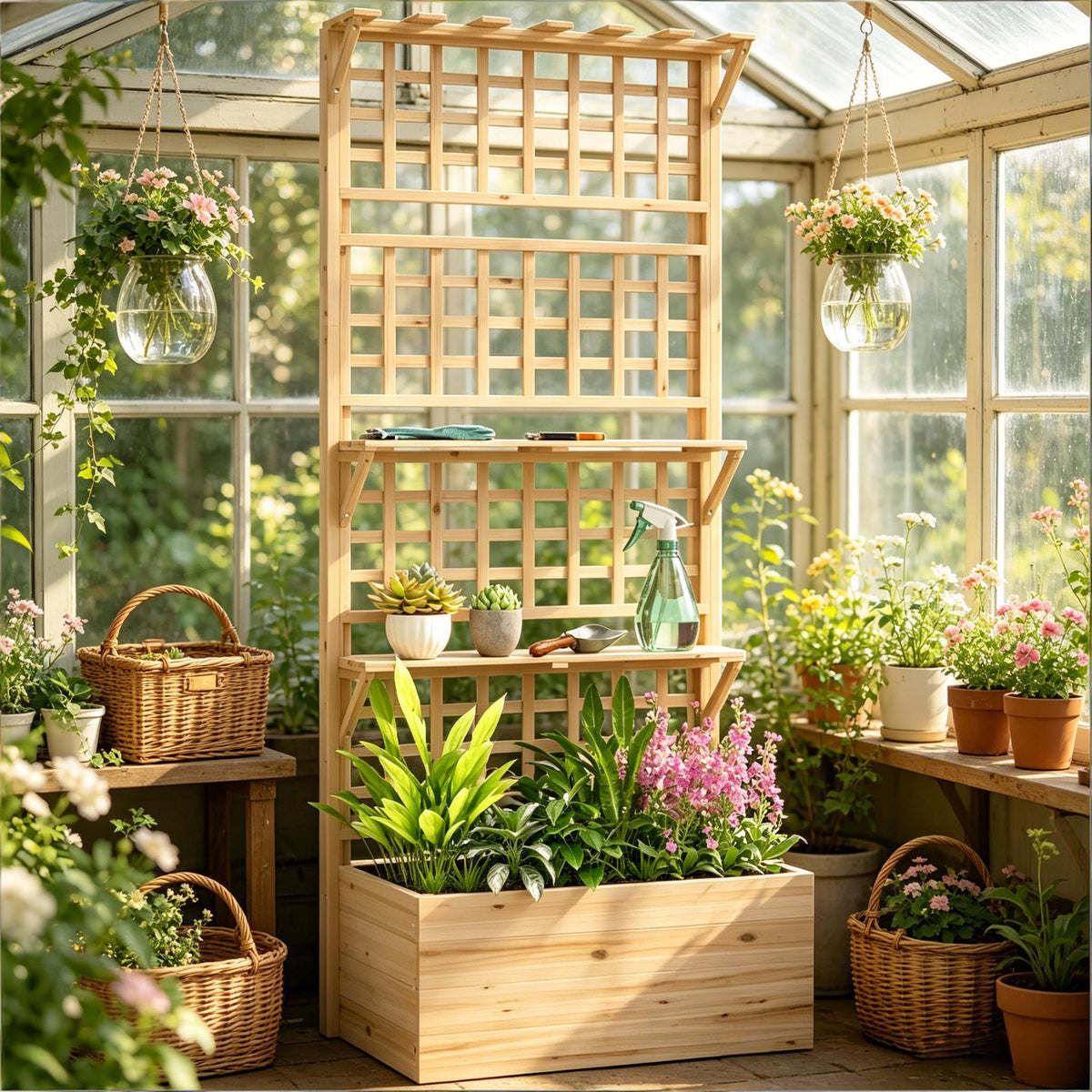 70-Inch Fir Wood Trellis Planter with Shelves – alternate product view 6