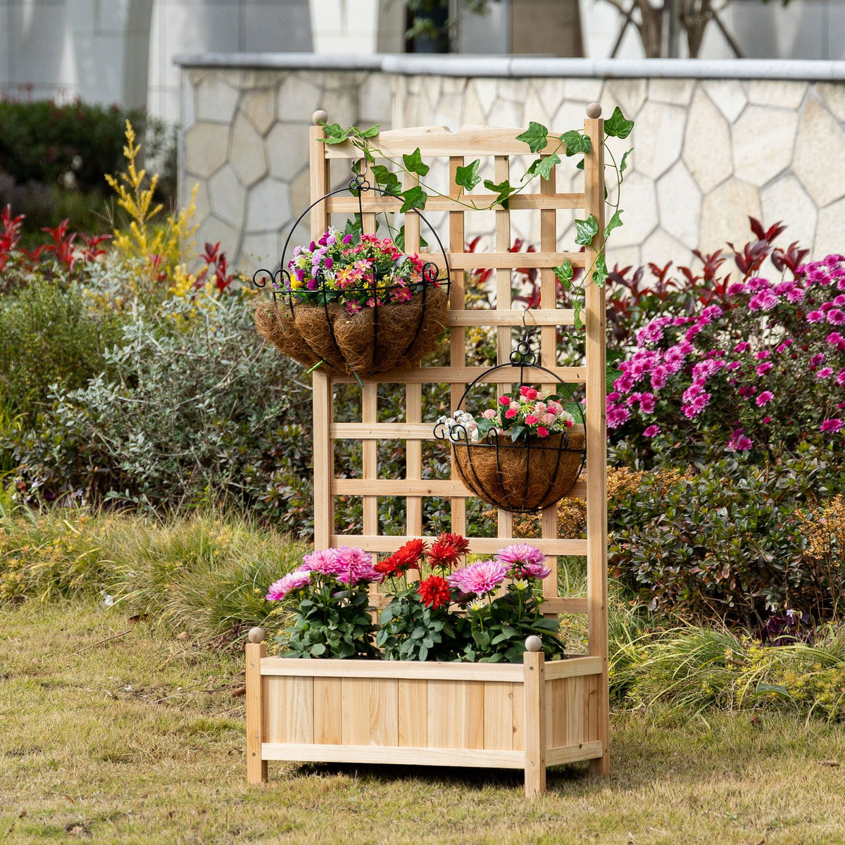 49-Inch Fir Wood Planter with Trellis, Natural – product view 11 of 12