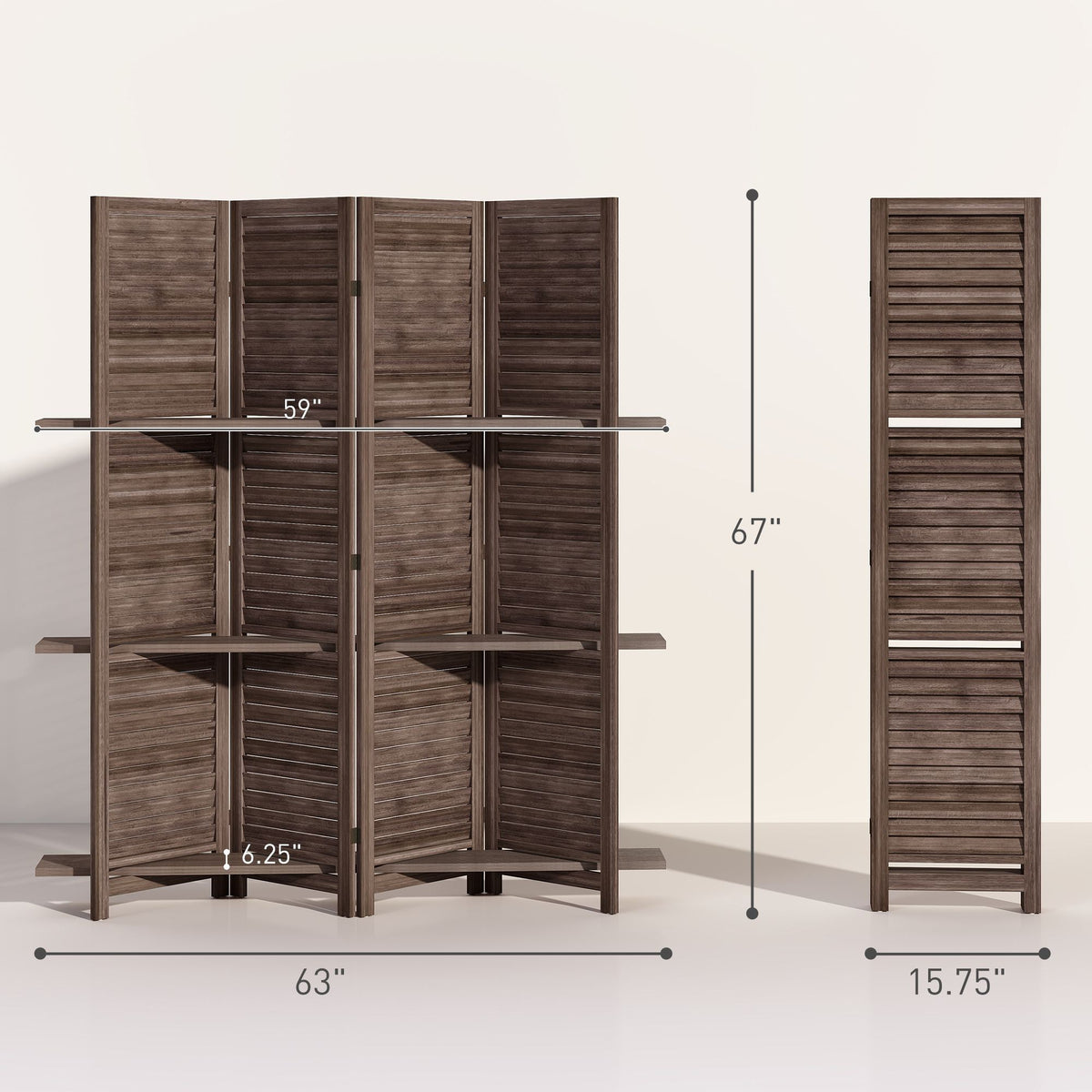67-Inch 4-Panel Walnut Room Divider with Shelves – alternate product view 3
