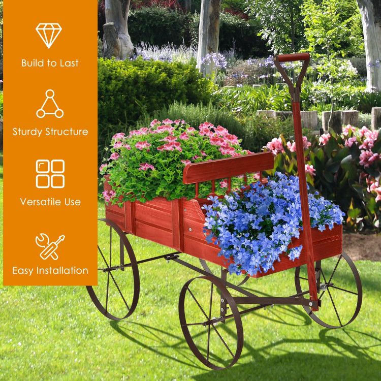 Wooden Wagon Plant Bed with Metal Wheels for Garden Yard Patio – product view 12 of 12