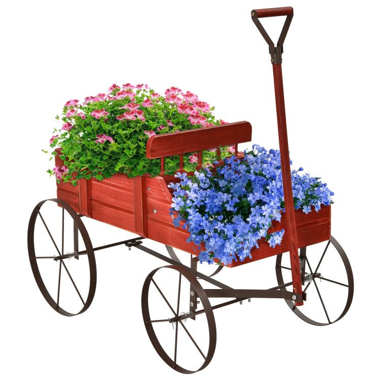 Wooden Wagon Plant Bed with Metal Wheels for Garden Yard Patio – product view 8 of 50