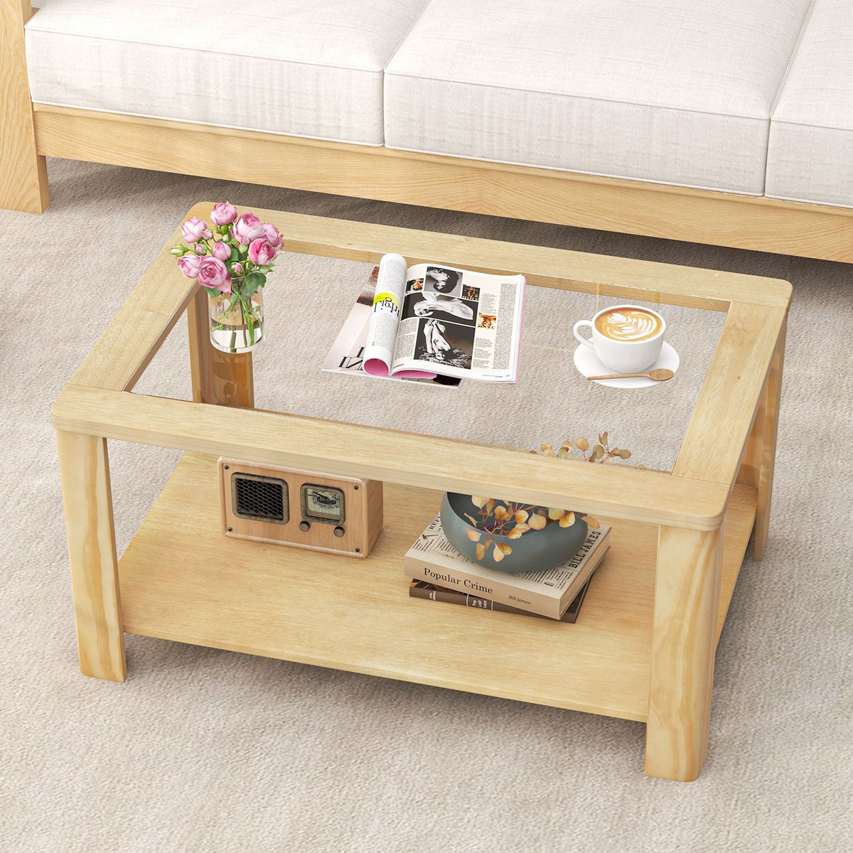 2-Tier Glass-Top Coffee Table with Storage Shelf – product view 3 of 10