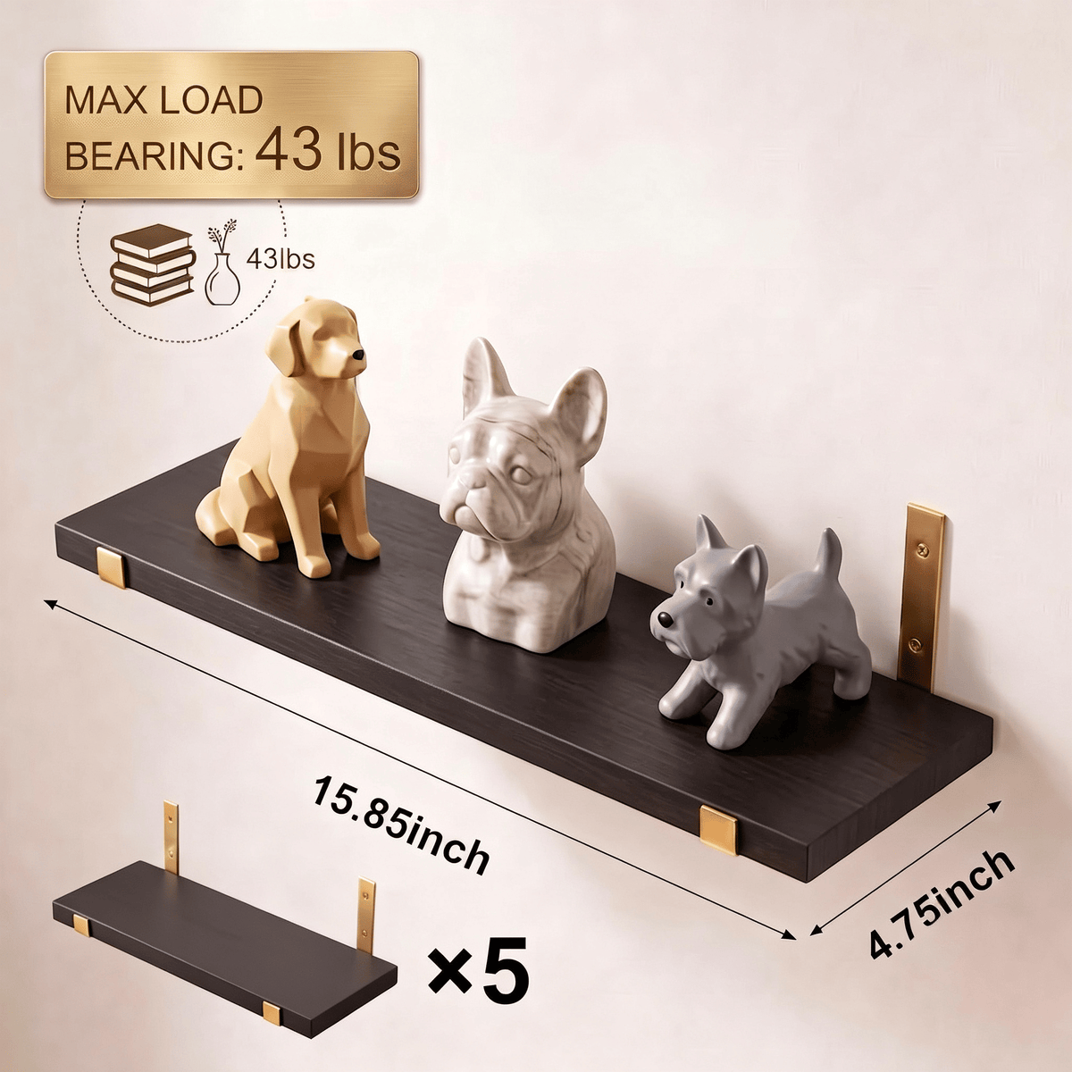 Set of 5 Black Shelves with Gold Brackets – product view 2 of 6