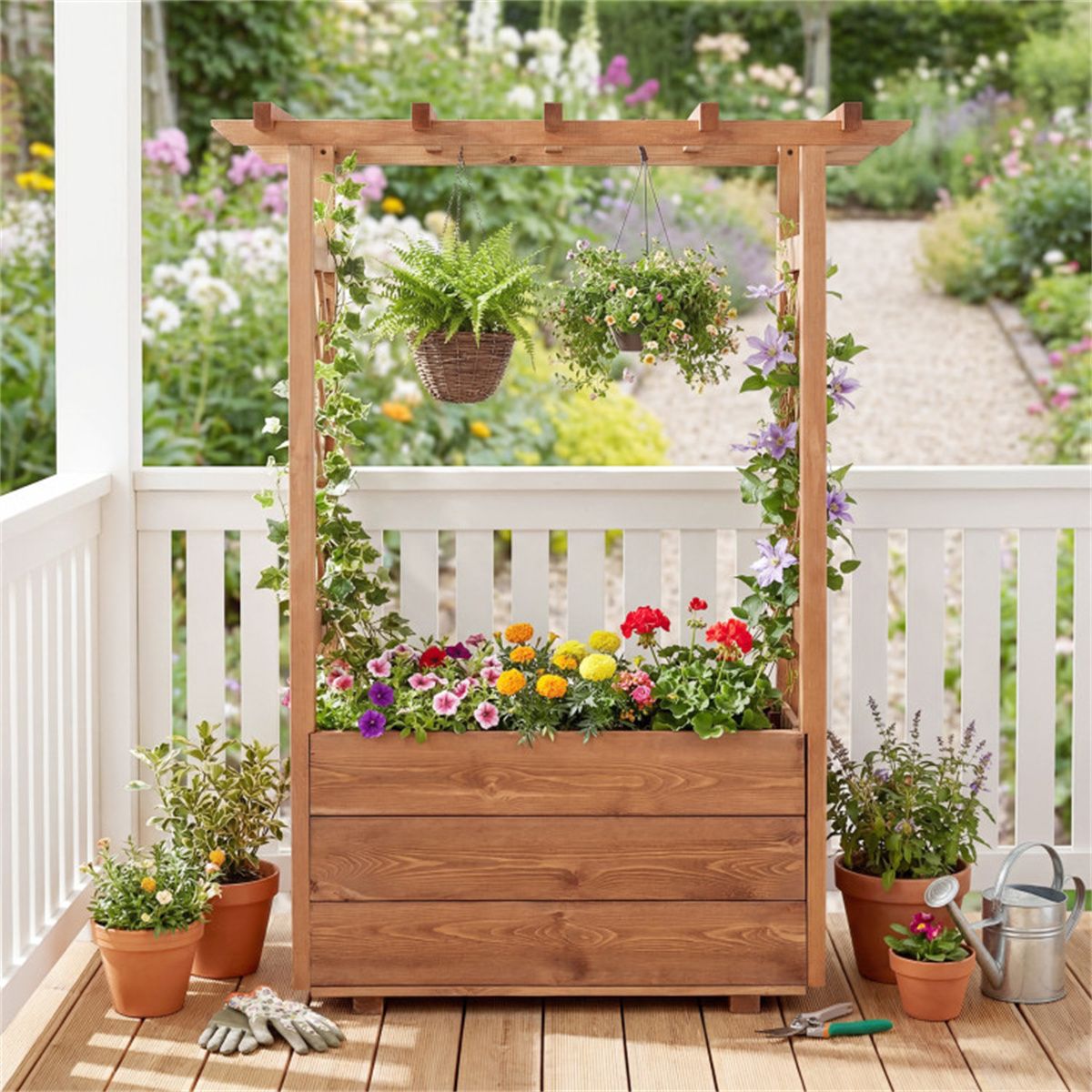 Pine Wood Planter with Trellis and Top Bar – product view 3 of 12