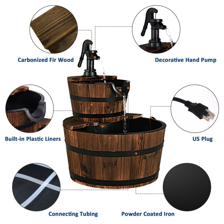2-Tier Wooden Barrel Waterfall Fountain – product view 5 of 10