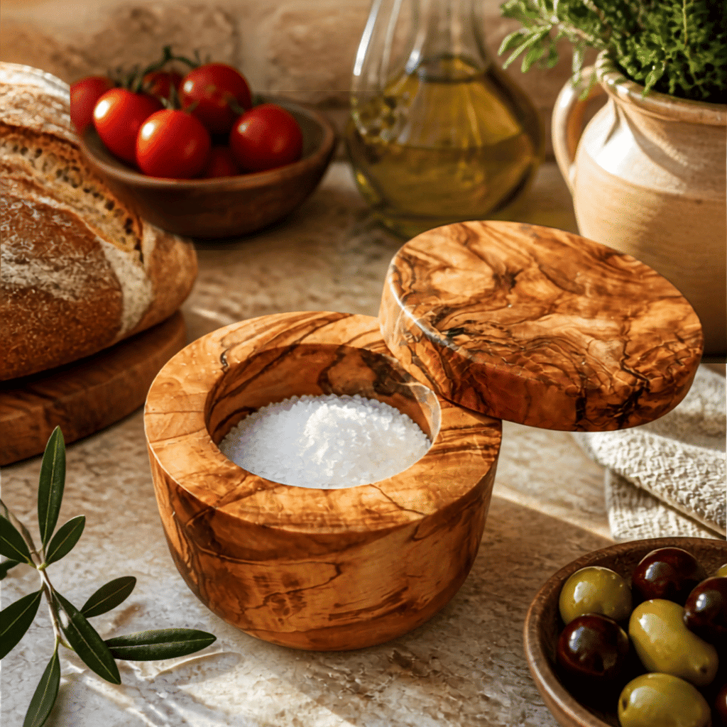 Olive Wood Salt Cellar with Swivel Lid – product view 2 of 7