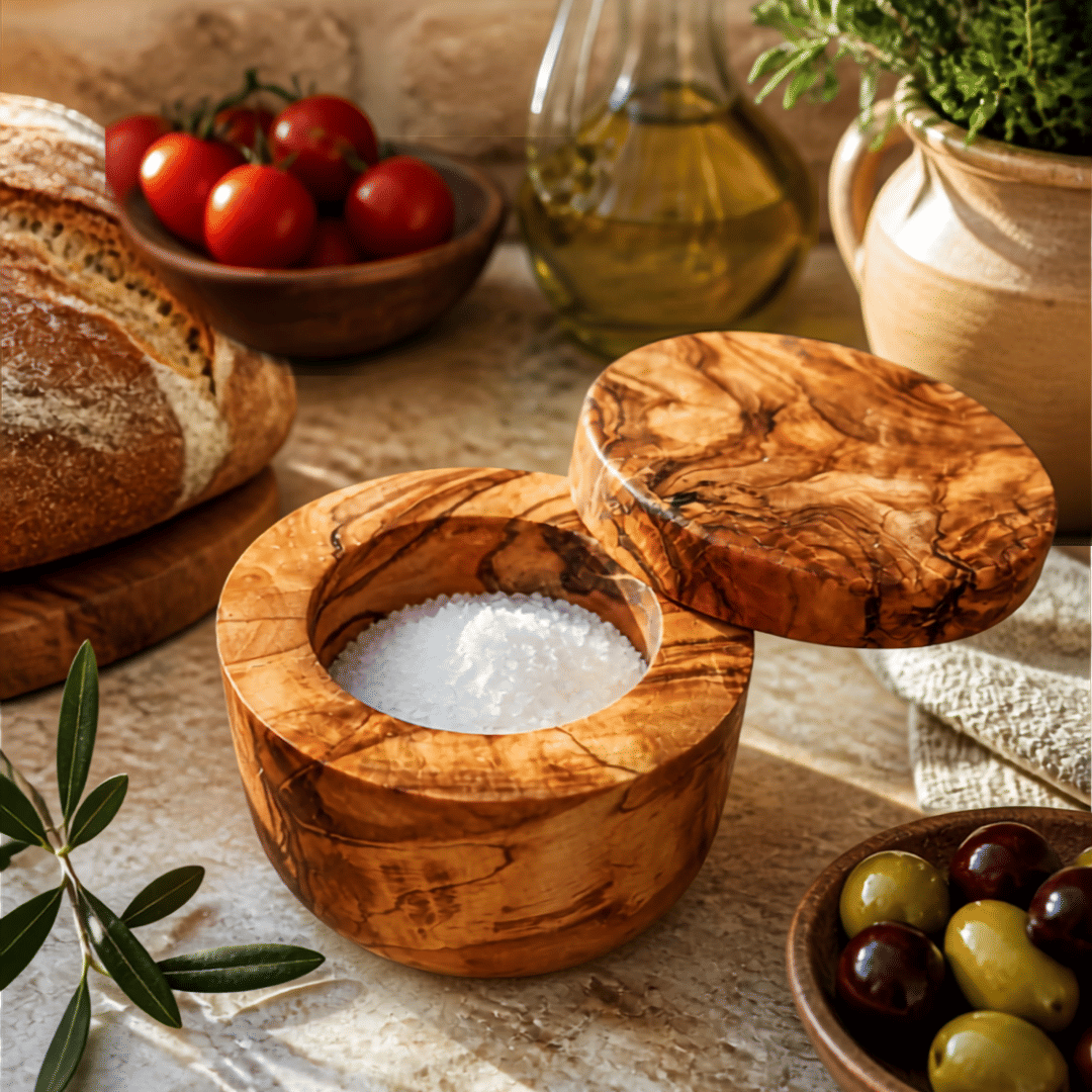 Olive Wood Salt Cellar with Swivel Lid – product view 2 of 7