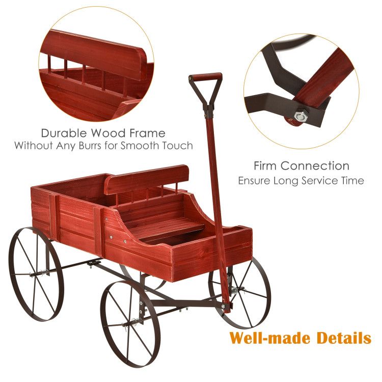 Wooden Wagon Plant Bed with Metal Wheels for Garden Yard Patio – product view 9 of 12