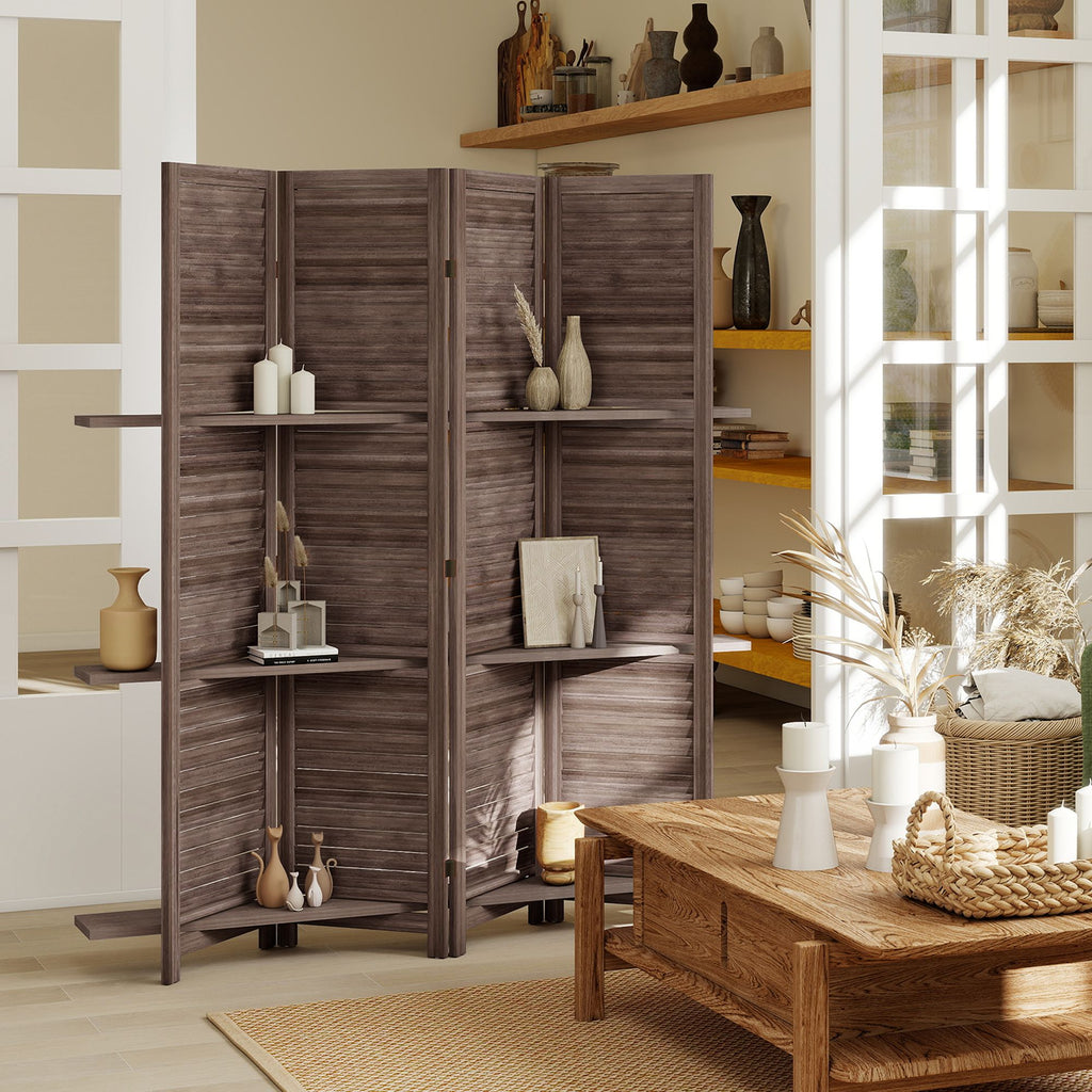 67-Inch 4-Panel Walnut Room Divider with Shelves – alternate product view 2