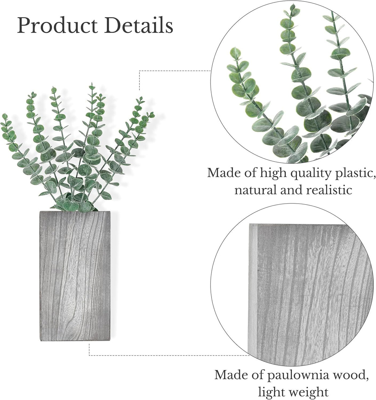 Set of 2 Gray Pine Wall Vases with Faux Eucalyptus – product view 2 of 5