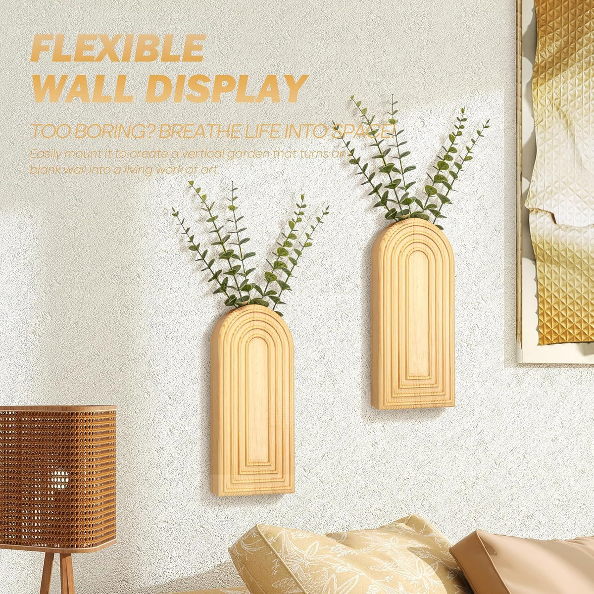 Set of 2 Rustic Pine Wood Wall Vases – product view 3 of 5