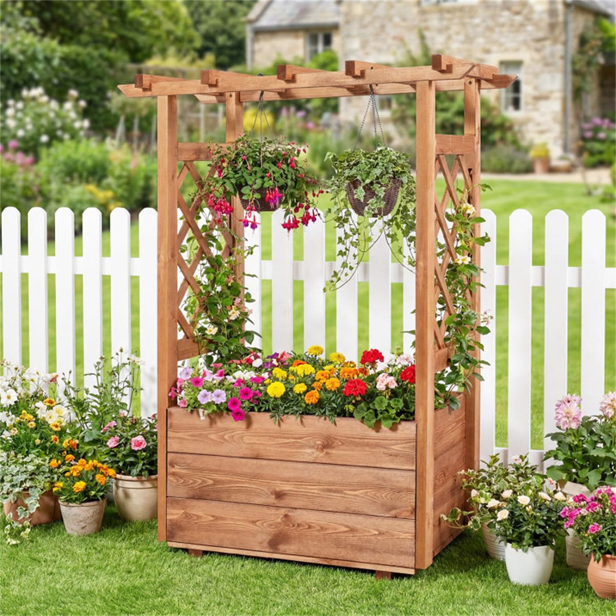 Pine Wood Planter with Trellis and Top Bar – product view 2 of 12