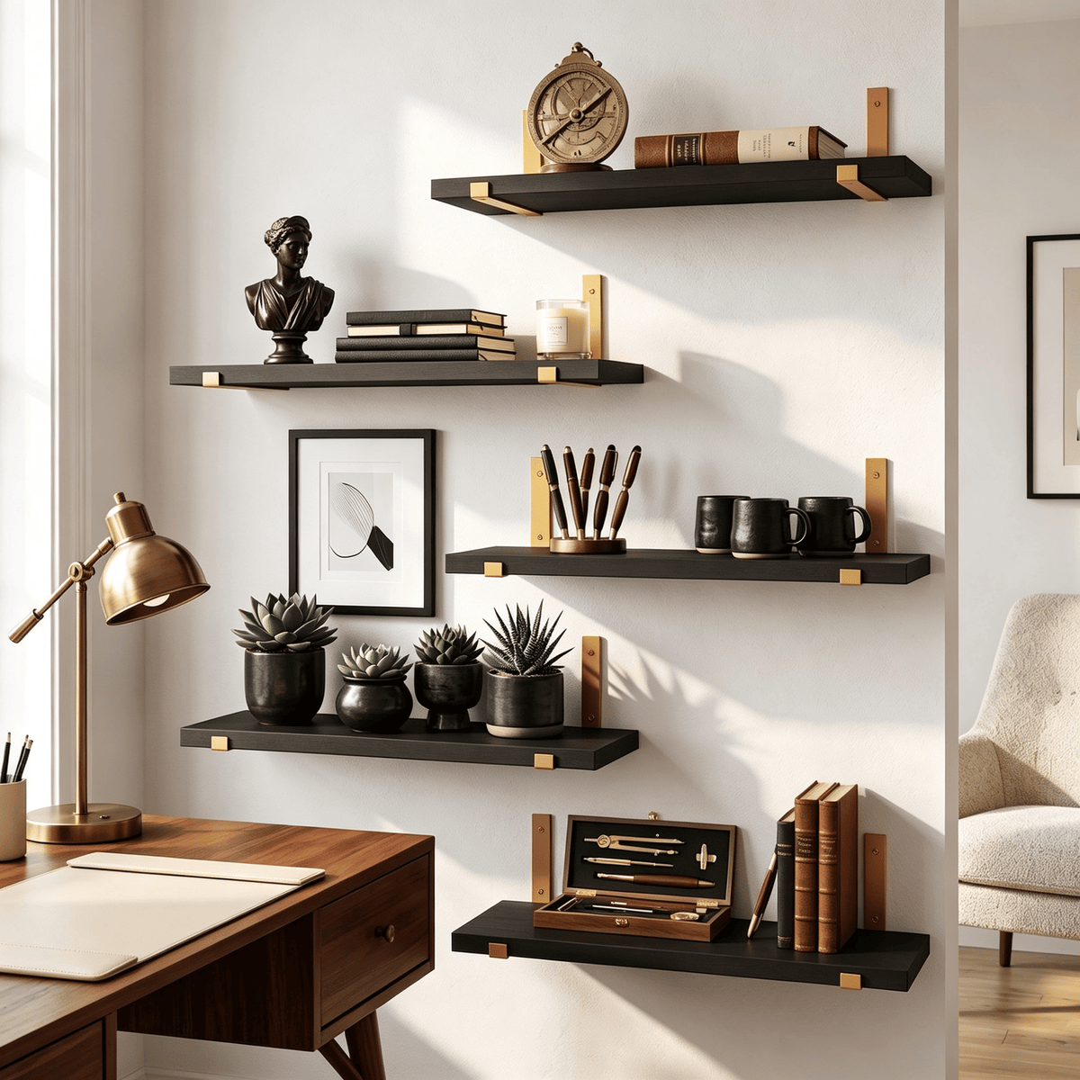 Set of 5 Black Shelves with Gold Brackets – product view 5 of 6