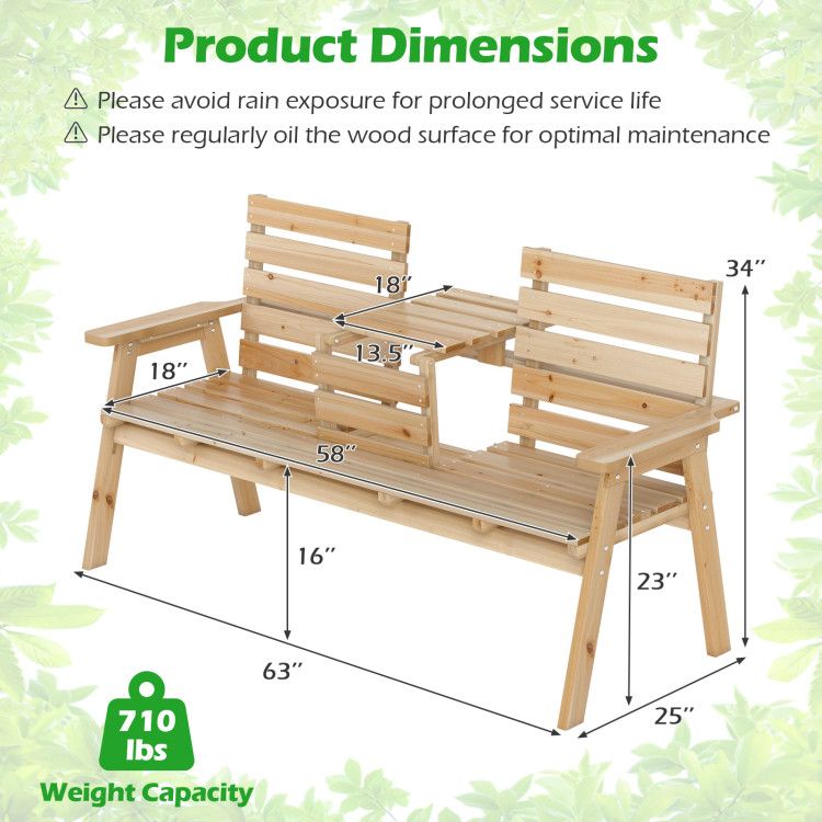 Fir Wood Outdoor Bench with Folding Table – product view 2 of 21