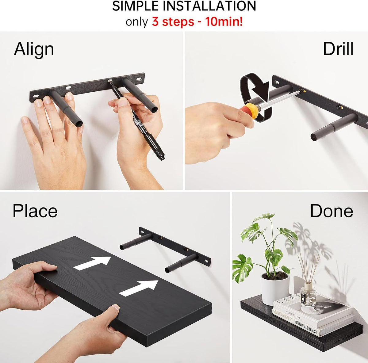 Set of 3 Black Rustic Wood Wall Shelves – product view 5 of 6