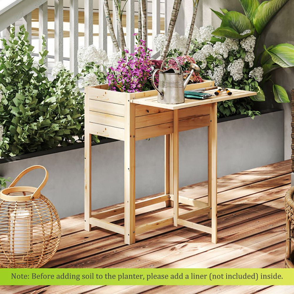 Elevated Fir Wood Planter with Folding Side Table – product view 2 of 10
