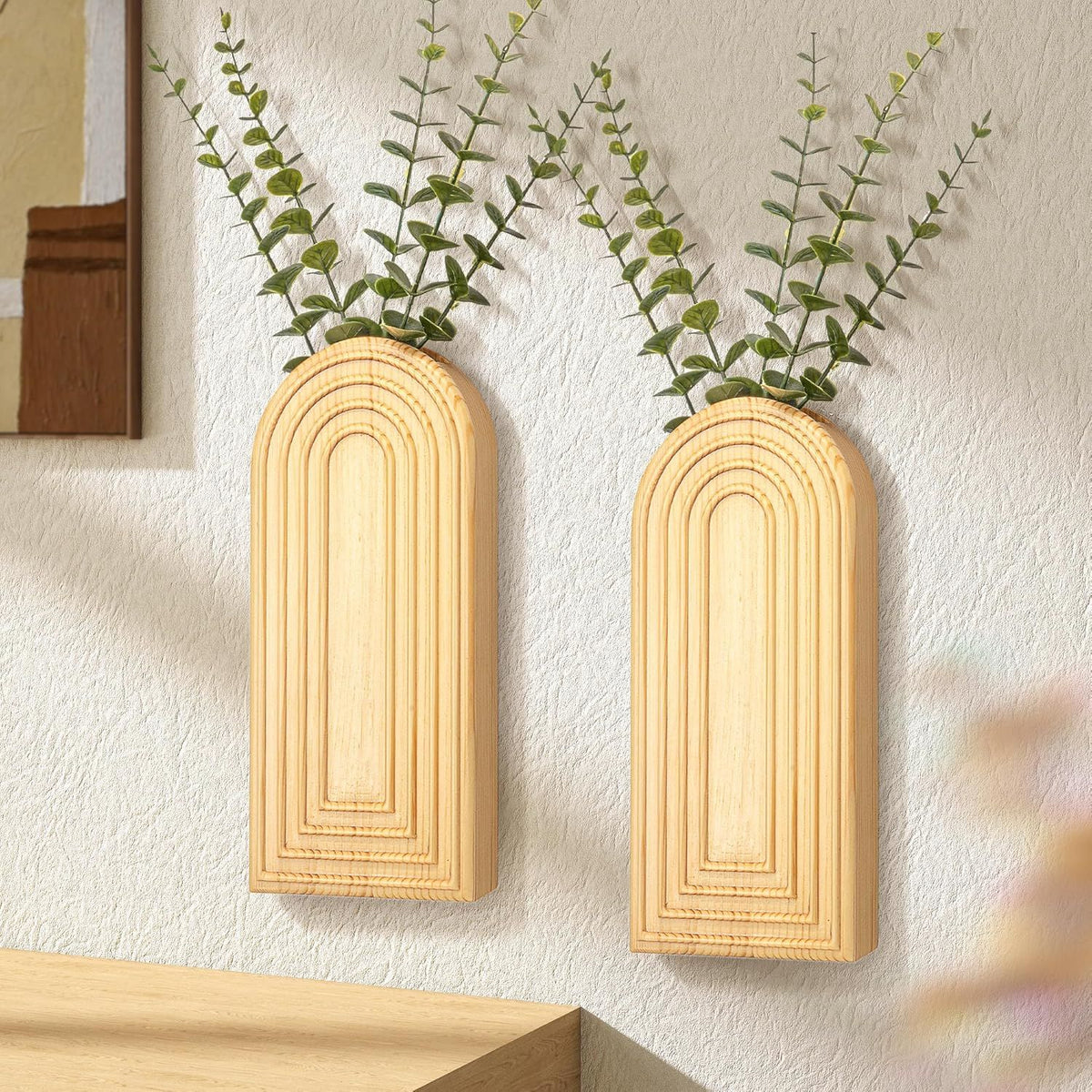 Set of 2 Rustic Pine Wood Wall Vases – main product view
