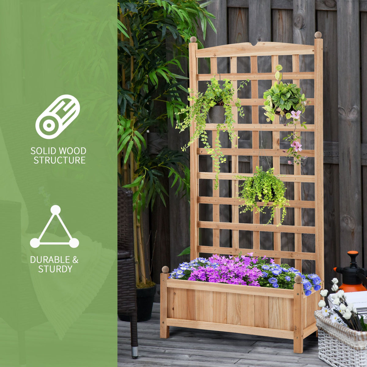 49-Inch Fir Wood Planter with Trellis, Natural – product view 7 of 12