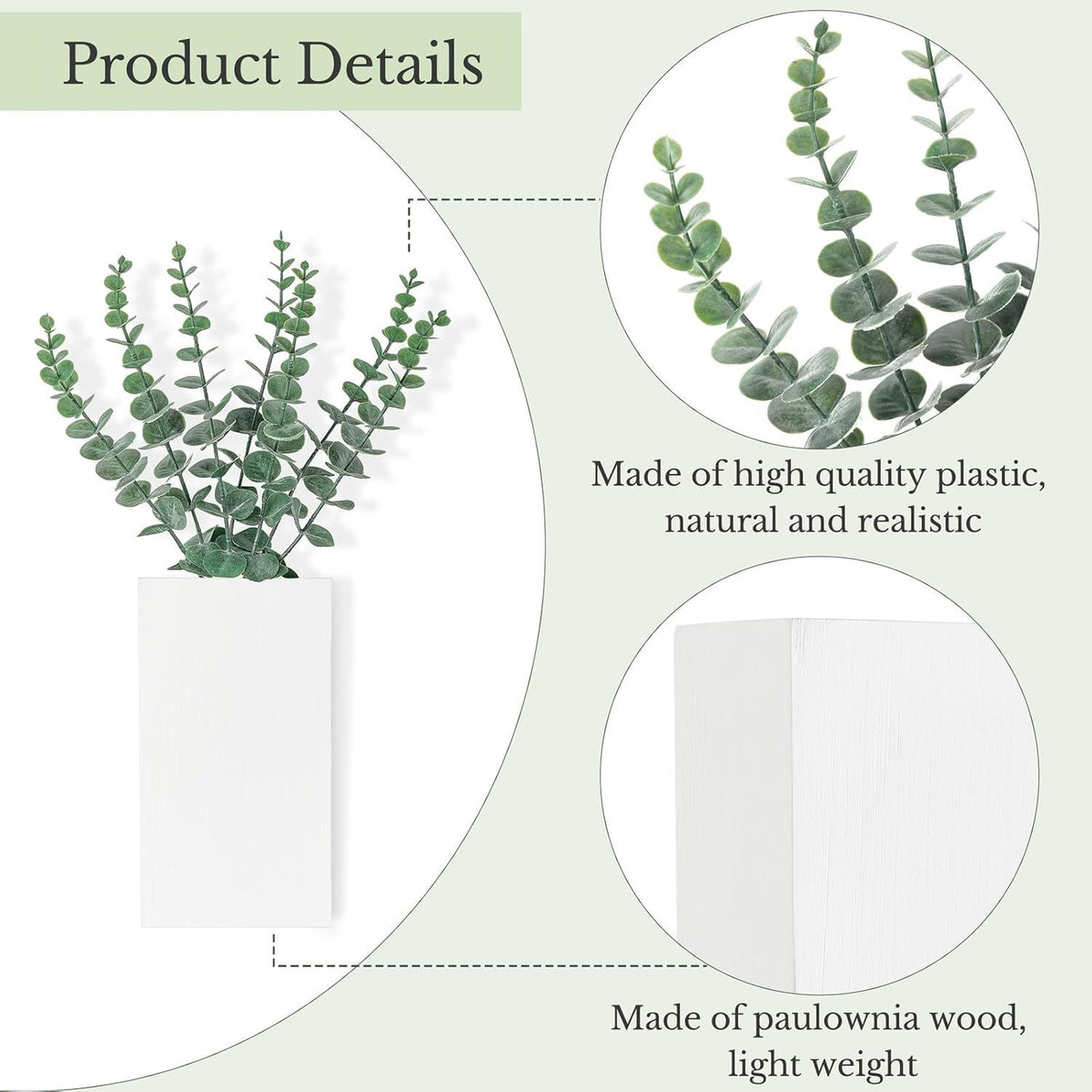 Set of 2 White Pine Wall Vases with Faux Eucalyptus – product view 5 of 5