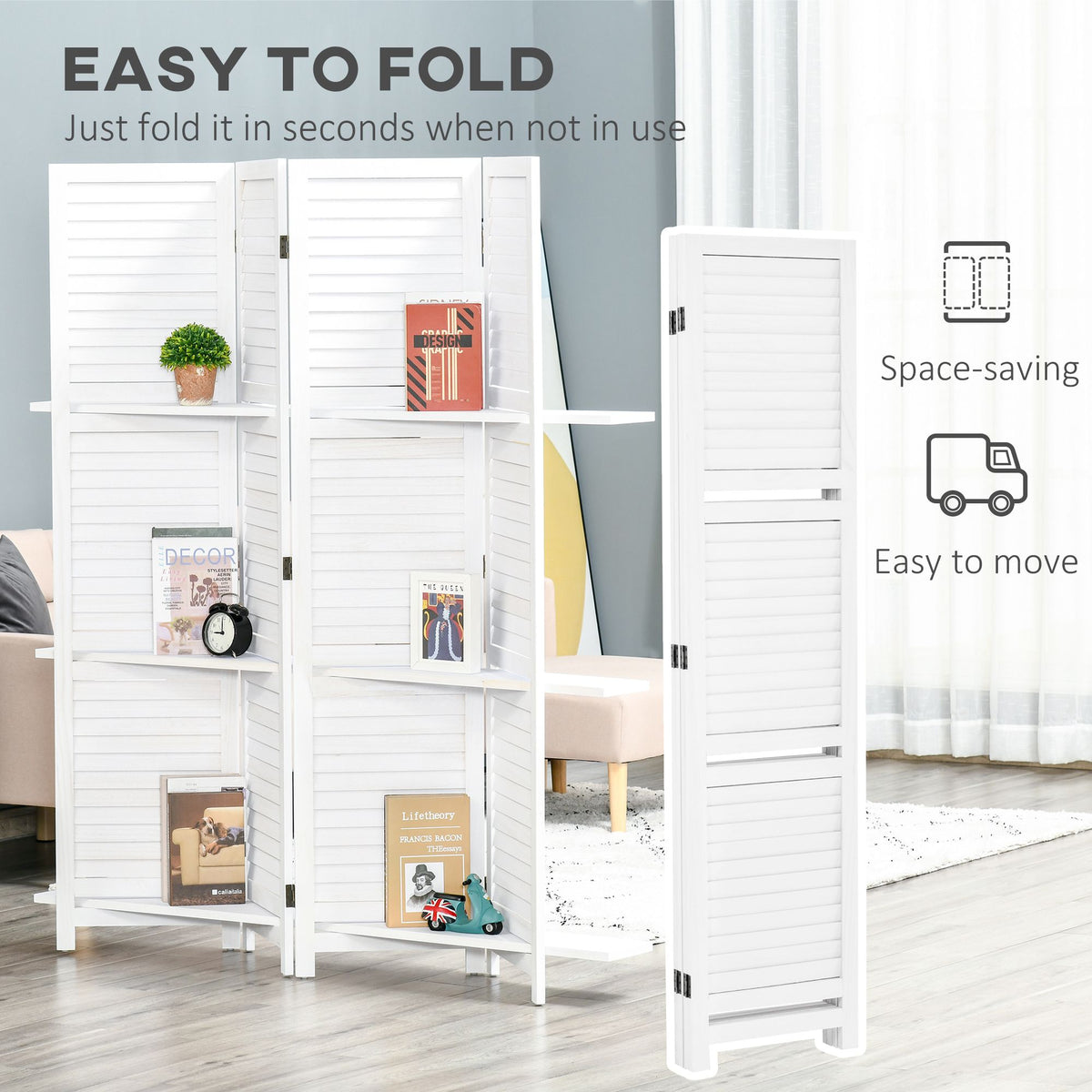67-Inch 4-Panel White Room Divider with Shelves – alternate product view 5