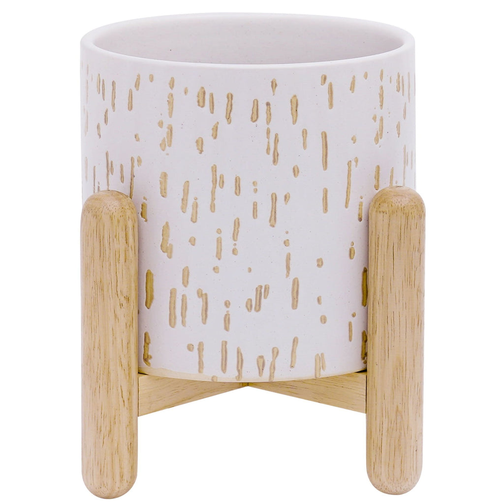 6-Inch White Ceramic Planter with Wood Stand – main product view