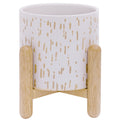 6-Inch White Ceramic Planter with Wood Stand – main product view