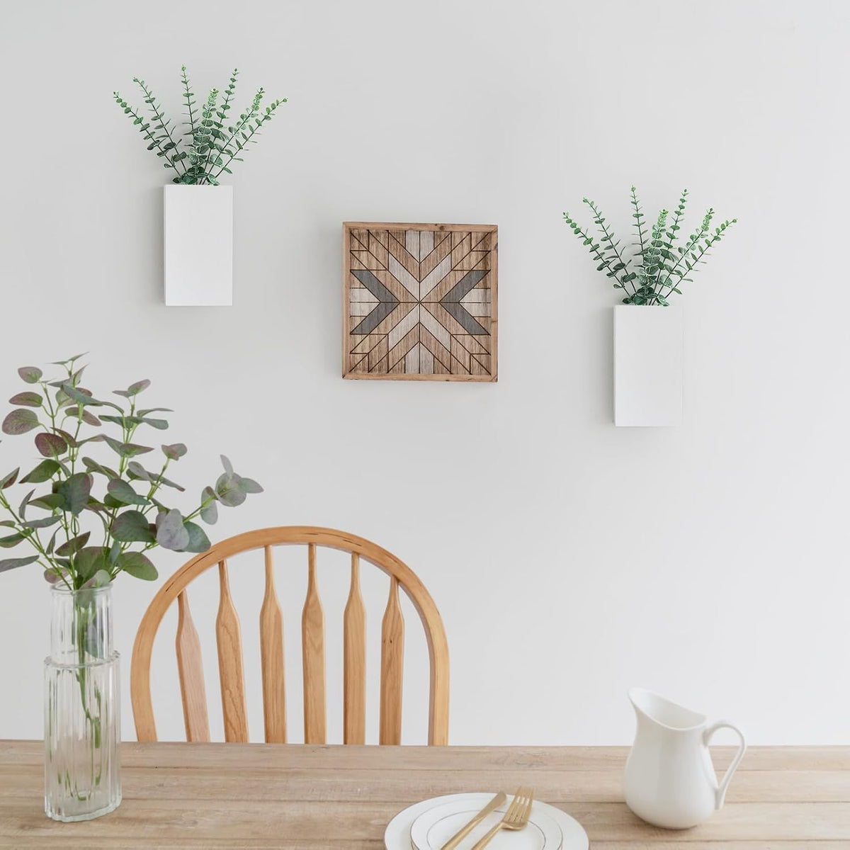 Set of 2 White Pine Wall Vases with Faux Eucalyptus – product view 3 of 5