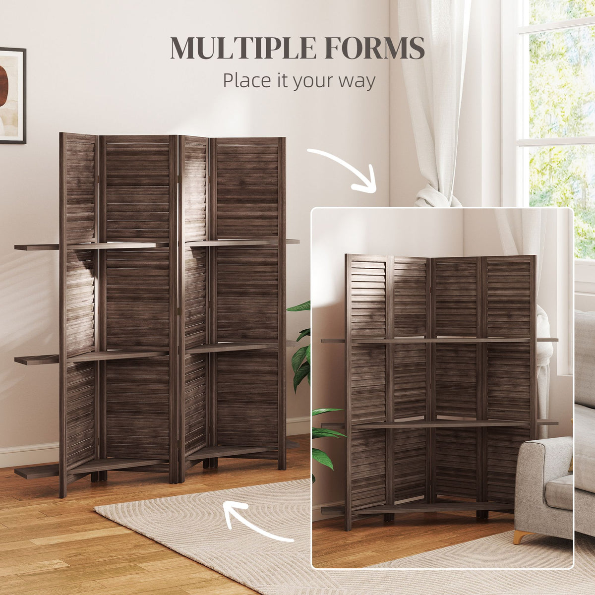 67-Inch 4-Panel Walnut Room Divider with Shelves – alternate product view 7