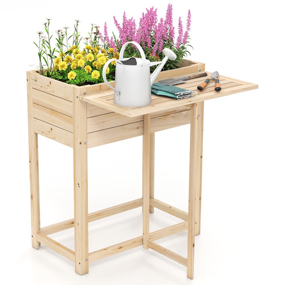 Elevated Fir Wood Planter with Folding Side Table – product view 4 of 10