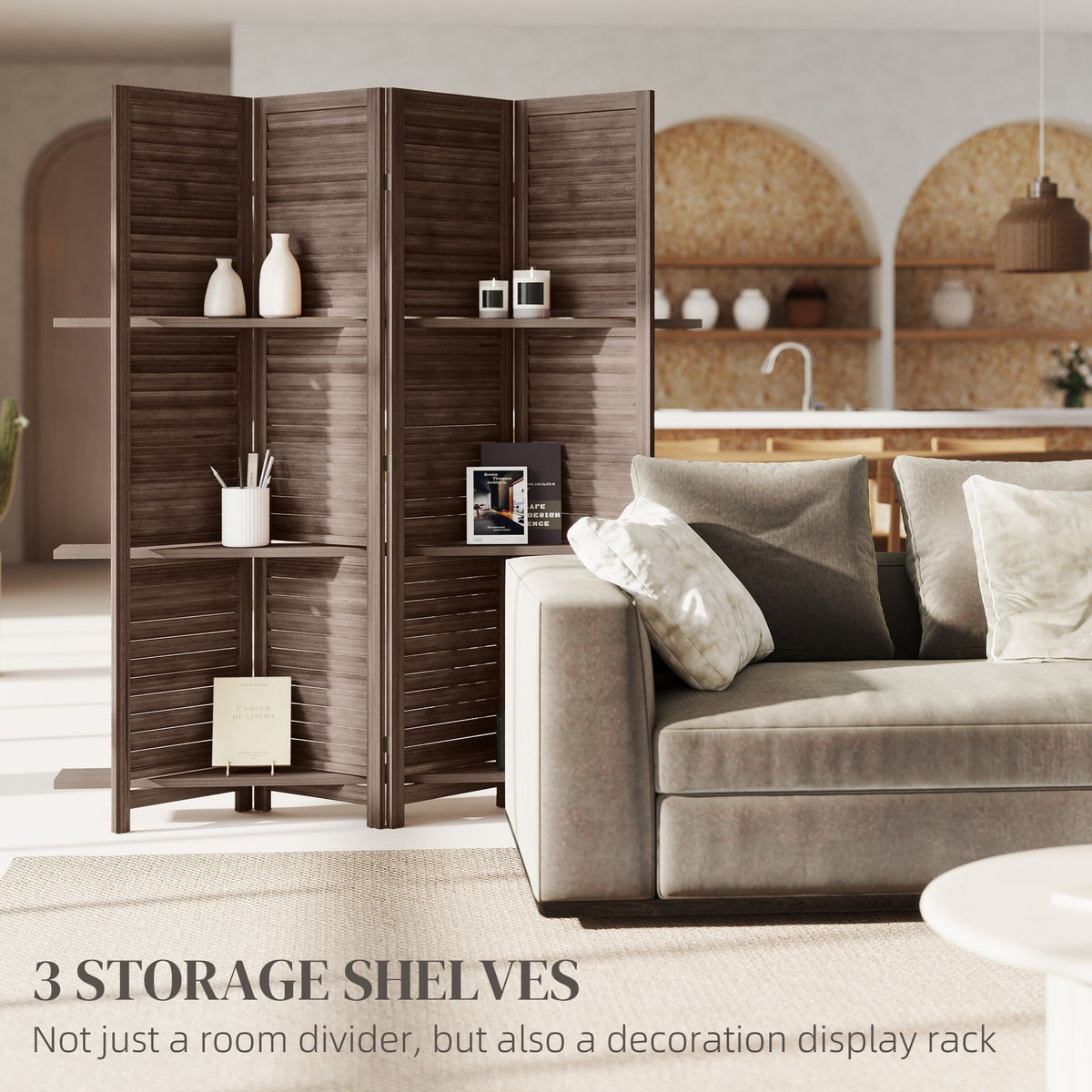 67-Inch 4-Panel Walnut Room Divider with Shelves – alternate product view 4