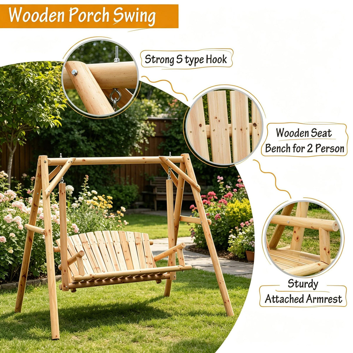 2-Seat Wood A-Frame Swing Bench – product view 2 of 6