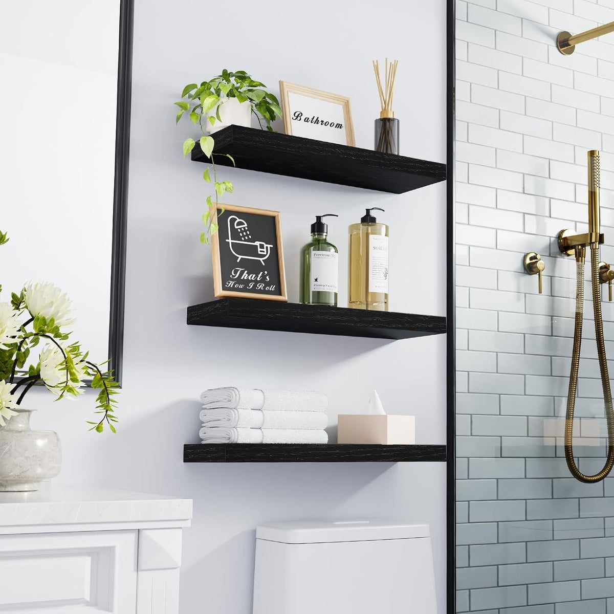 Set of 3 Black Rustic Wood Wall Shelves – product view 2 of 6
