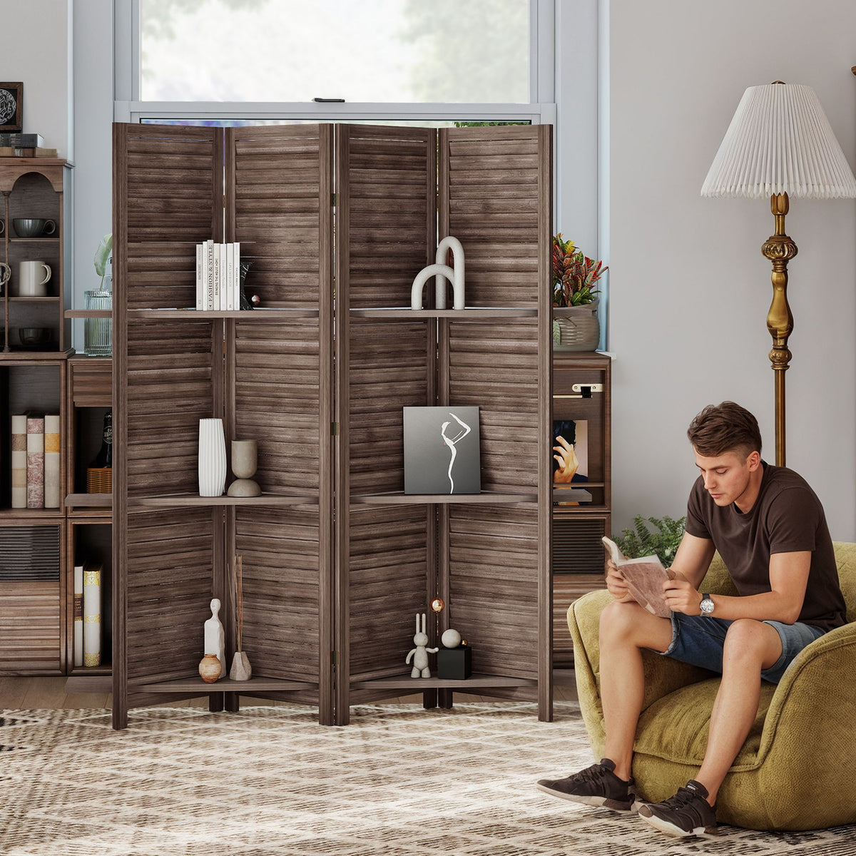 67-Inch 4-Panel Walnut Room Divider with Shelves – alternate product view 8