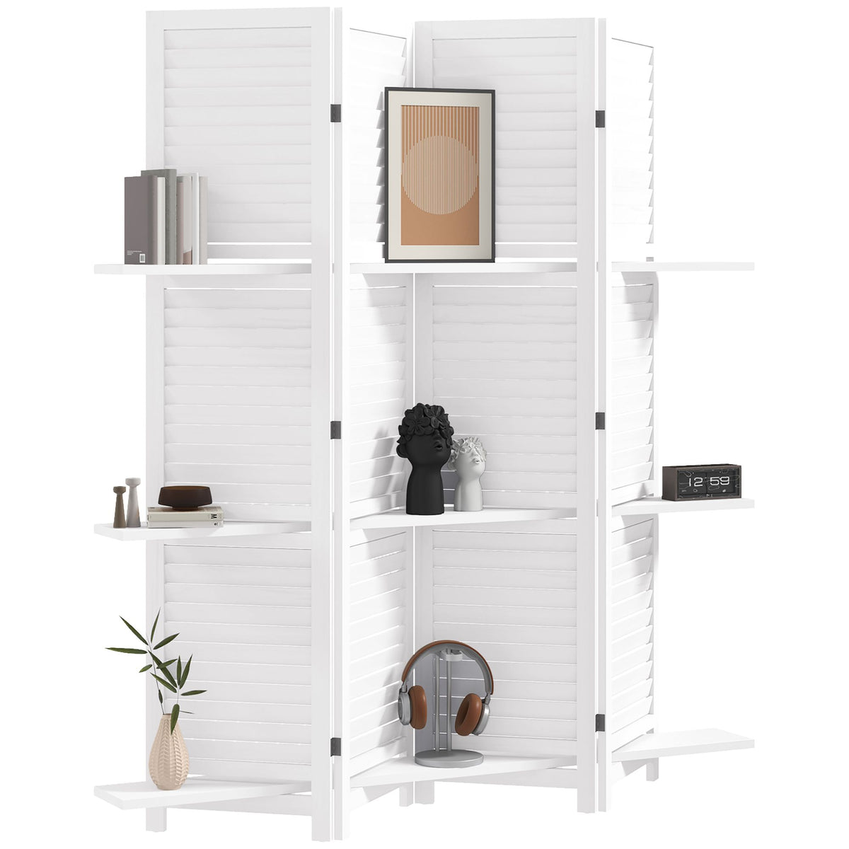 67-Inch 4-Panel White Room Divider with Shelves