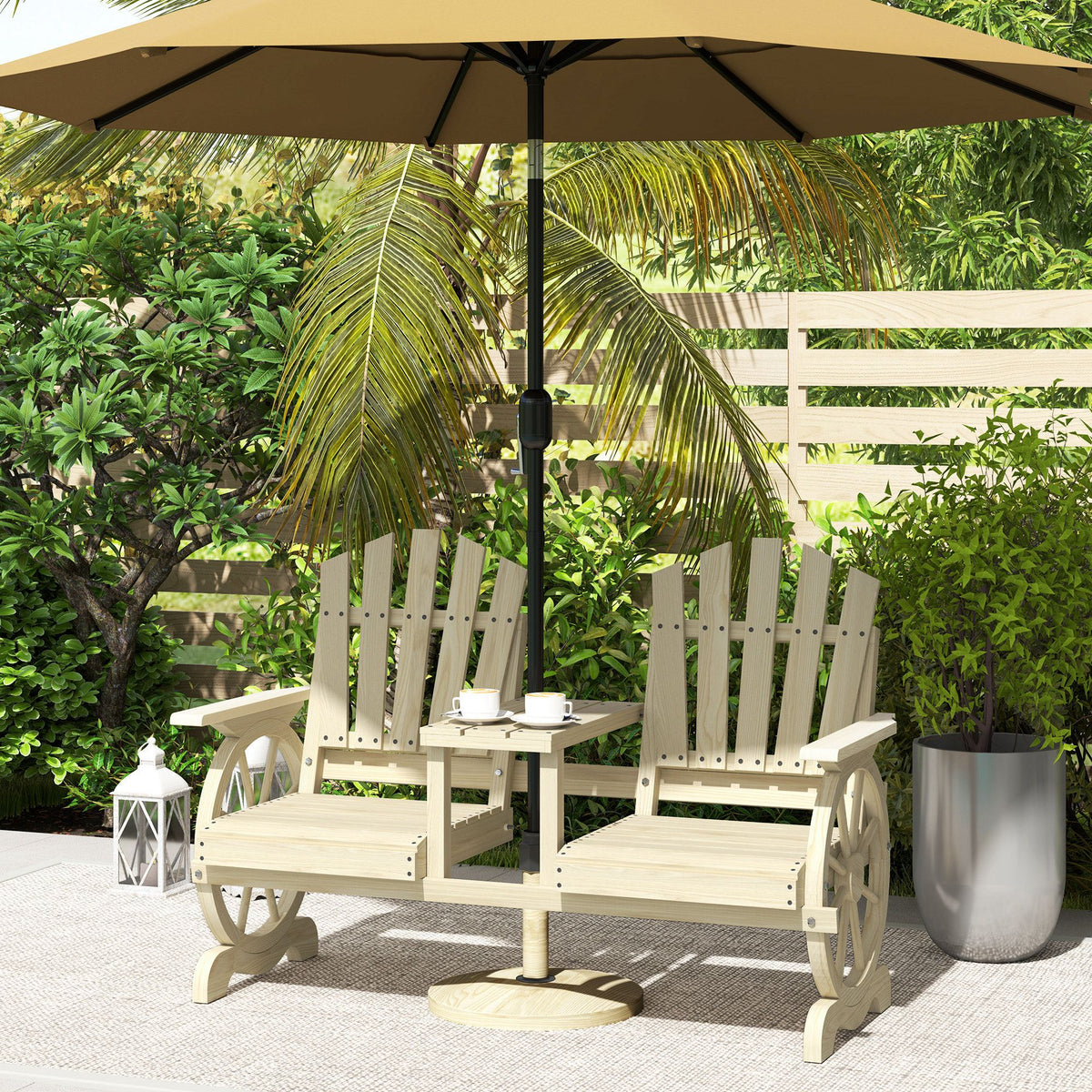 2-Seat Wood Garden Bench with Center Table – product view 9 of 11