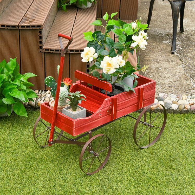 Wooden Wagon Plant Bed with Metal Wheels for Garden Yard Patio – product view 2 of 12