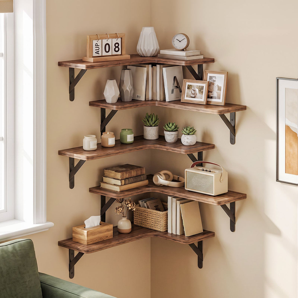 Set of 5 Espresso Corner Wall Shelves – product view 7 of 7
