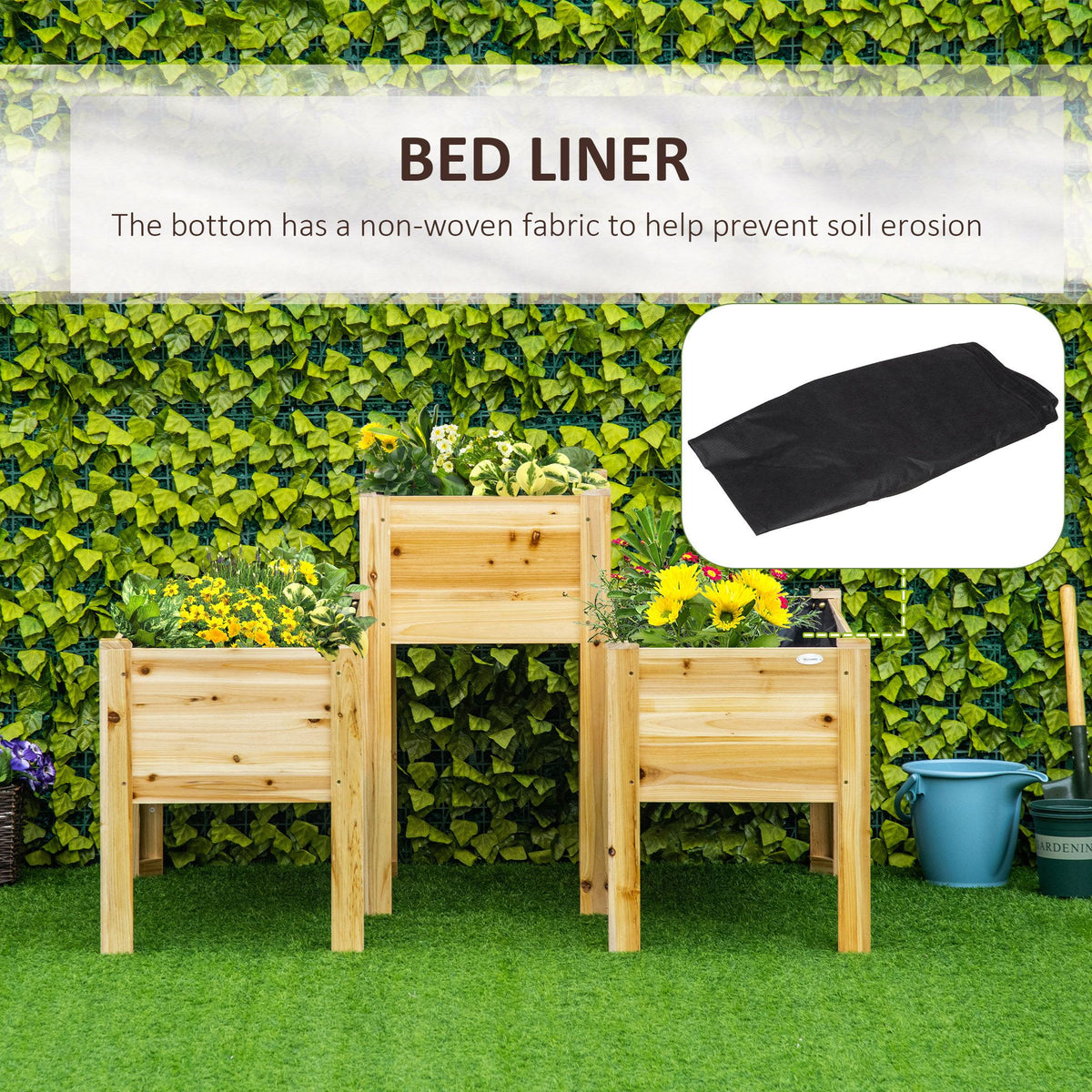 Set of 3 Elevated Fir Wood Planters with Liners – product view 7 of 11
