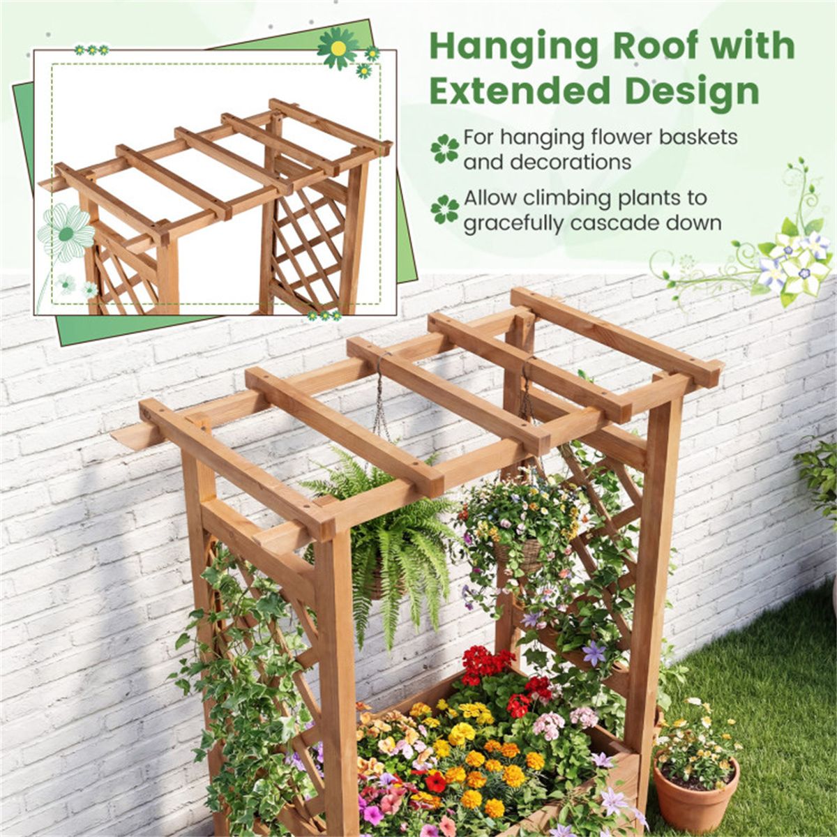 Pine Wood Planter with Trellis and Top Bar – product view 10 of 12