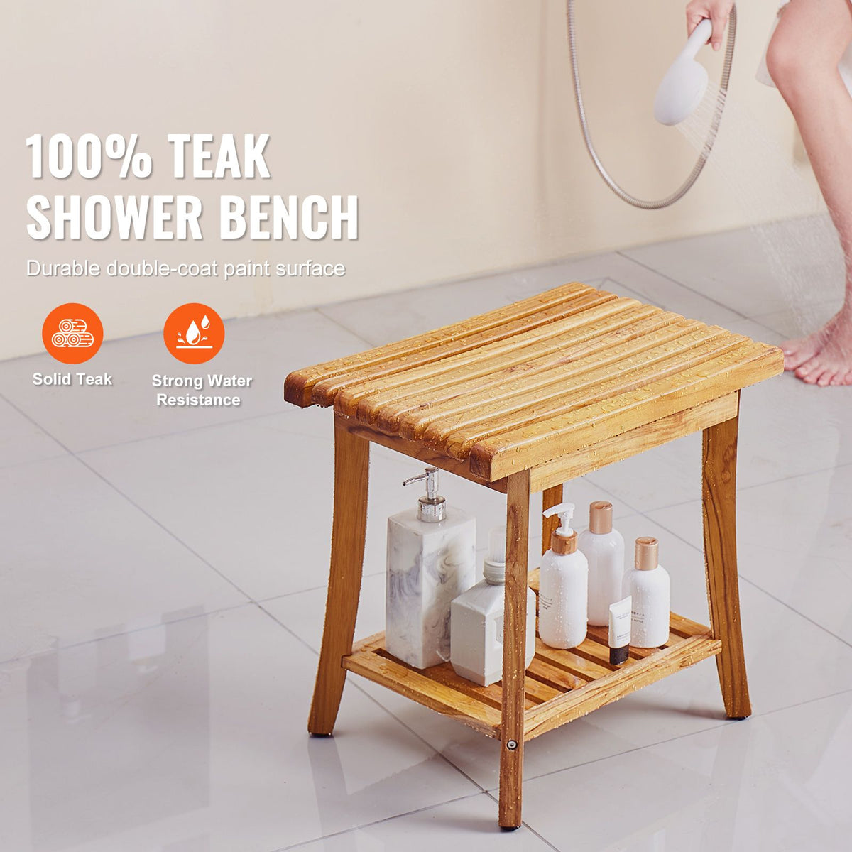 20-Inch Teak Shower Bench with Shelf – product view 2 of 12