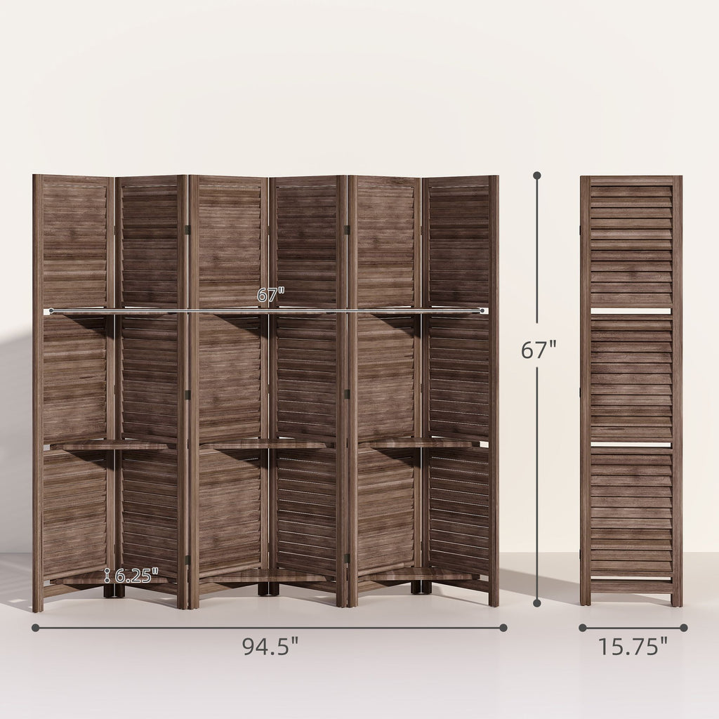 67-Inch 6-Panel Walnut Room Divider with Shelves – alternate product view 3