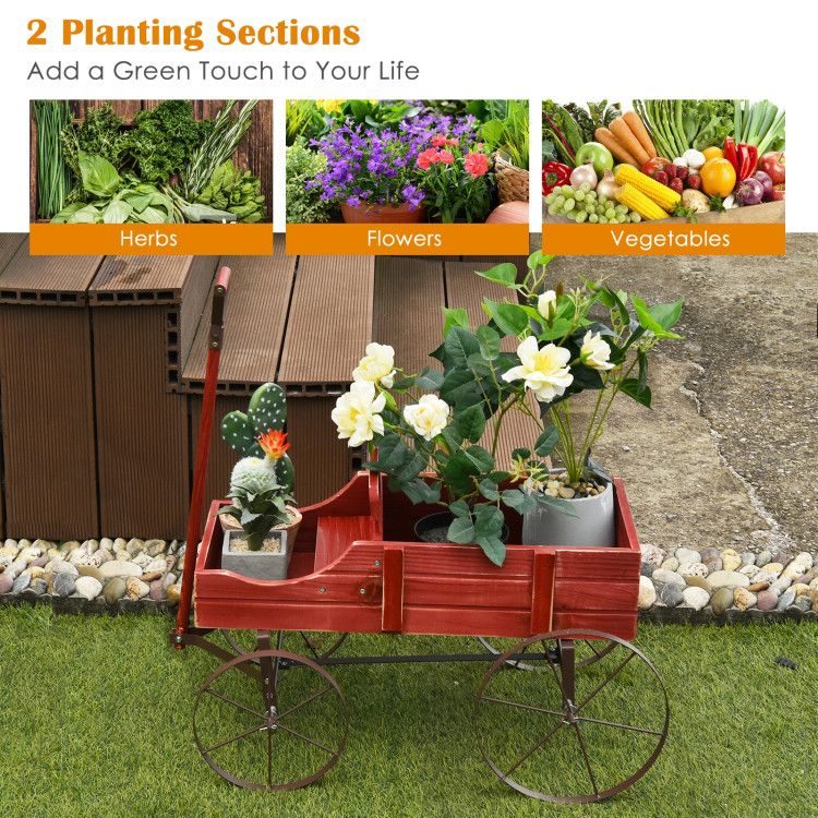 Wooden Wagon Plant Bed with Metal Wheels for Garden Yard Patio – product view 10 of 12